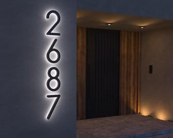 Modern Solar Powered Halo Lighted House Numbers, Waterproof Exterior LED Illuminated Home Address Number, Custom Backlit LED House Numbers