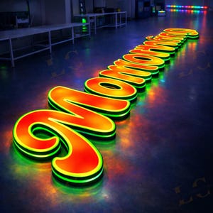 May include: Illuminated sign spelling out the word "Welcome" in large, three-dimensional letters. The letters are a vibrant orange-red with a green outline, creating a glowing effect. The sign is placed on a reflective surface.