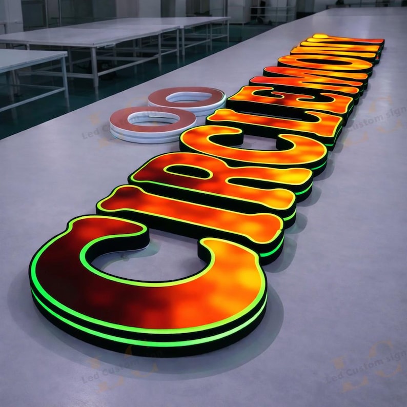 Pode incluir: Letreiro grande e iluminado que soletra "CHROME" em letras laranjas arrojadas com contorno preto e acabamento em n&eacute;on verde. As letras s&atilde;o tridimensionais e parecem ser iluminadas por dentro. Duas letras "8" iluminadas adicionais tamb&eacute;m s&atilde;o vis&iacute;veis.