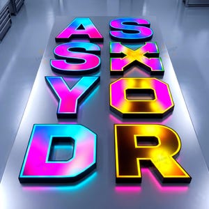 May include: Illuminated letters spelling "ASXYDR" in vibrant colors, including blue, pink, and yellow. Each letter has a black outline and is set against a metallic surface. The letters appear to be custom-made signs.