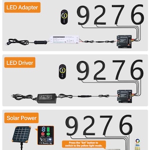 May include: Diagram of house number wiring guide with LED adapter, LED driver, and solar power options. Includes black house numbers 9276, remote controls, and wiring instructions. Text includes "House Number Wiring Guide".