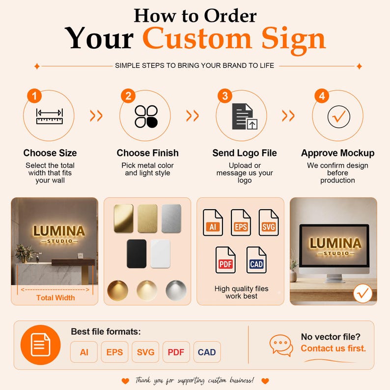 May include: An instructional infographic titled How to Order Your Custom Sign, outlining four steps: Choose Size, Choose Finish, Send Logo File, and Approve Mockup. It displays icons for file formats like AI, EPS, SVG, PDF, and CAD, plus a visual example of a backlit Lumina Studio sign.