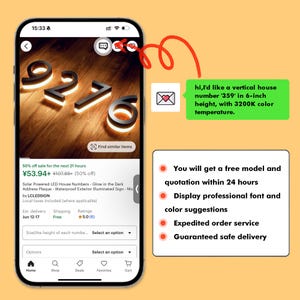May include: A smartphone screen displays illuminated black house numbers. The numbers are 6 inches tall and glow with a warm white light. The listing is for solar-powered LED house numbers.