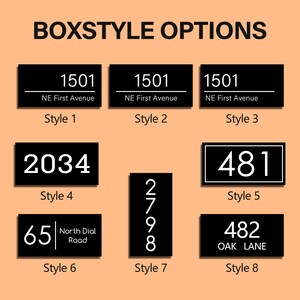 May include: Image shows eight black rectangular address plaques with white numbers and text. The plaques display various street numbers and street names, with the text "BOXSTYLE OPTIONS" at the top.