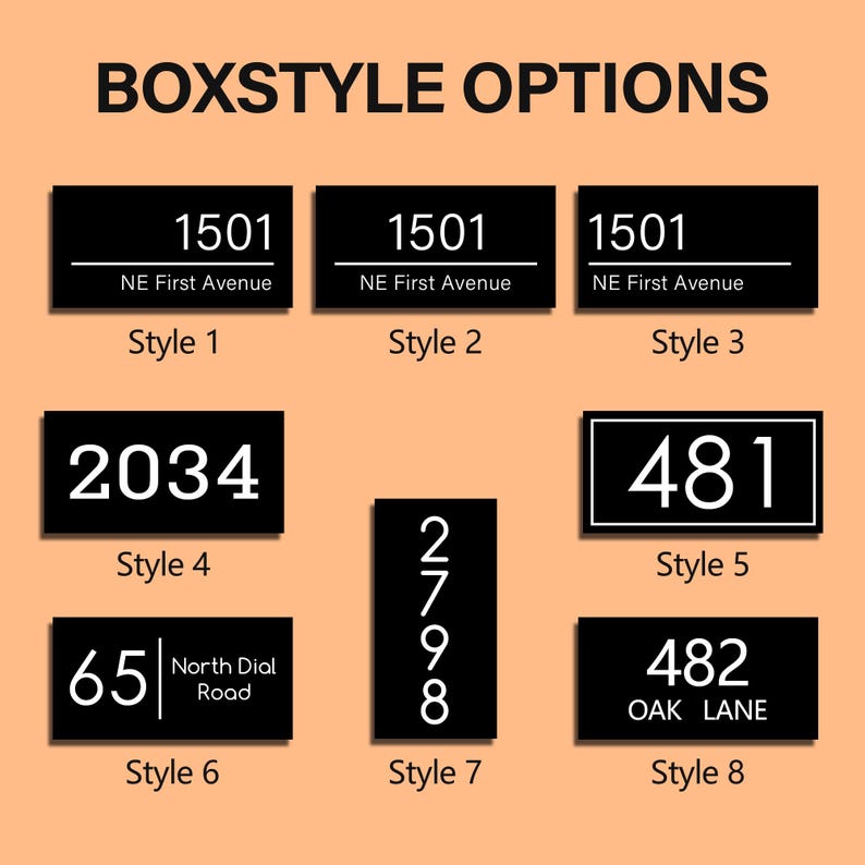 May include: Image shows eight black rectangular address plaques with white numbers and text. The plaques display various street numbers and street names, with the text "BOXSTYLE OPTIONS" at the top.