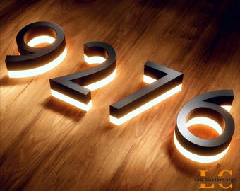 Solar Powered LED House Numbers - Glow in the Dark Address Plaque - Waterproof Exterior Illuminated Sign - LED Backlit Modern Home Numbers
