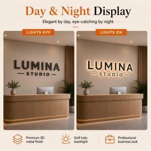 May include: A 3D wall sign for Lumina Studio featuring black dimensional lettering and a horizontal line. The display is shown in two states: lights off with a solid black appearance, and lights on with a soft white halo backlight effect.