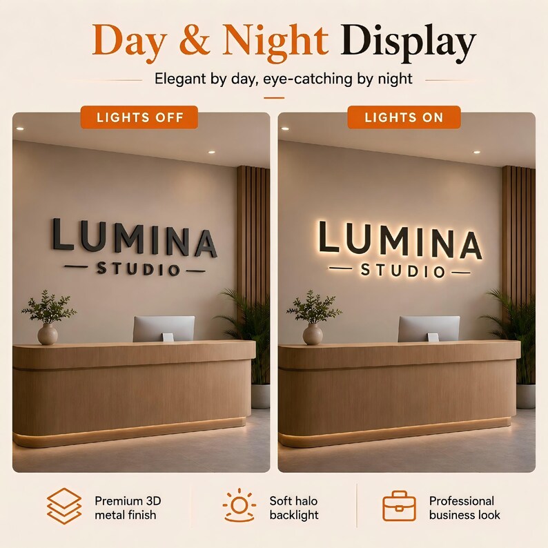 May include: A 3D wall sign for Lumina Studio featuring black dimensional lettering and a horizontal line. The display is shown in two states: lights off with a solid black appearance, and lights on with a soft white halo backlight effect.