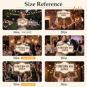 May include: A rectangular LED custom sign featuring the text CHEERS TO LOVE in black capital letters, surrounded by a border of small round lights. The sign is shown in six sizes ranging from 16 inches to 36 inches, displayed in various event settings.