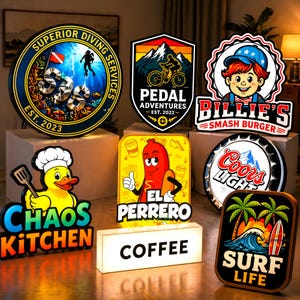 May include: A collection of illuminated signs with various designs. Includes a diving service logo, a cycling adventure emblem, a burger shop sign, a kitchen logo, a hot dog illustration, a beer bottle cap, and a surf-themed sign. The signs are lit with vibrant colors.