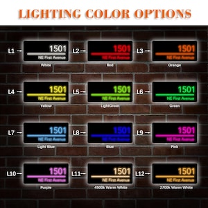 May include: A display of illuminated address signs with various color options: white, red, orange, yellow, light green, green, light blue, blue, pink, purple, and warm white. Each sign displays the number 1501 and "NE First Avenue". The text "LIGHTING COLOR OPTIONS" is at the top.