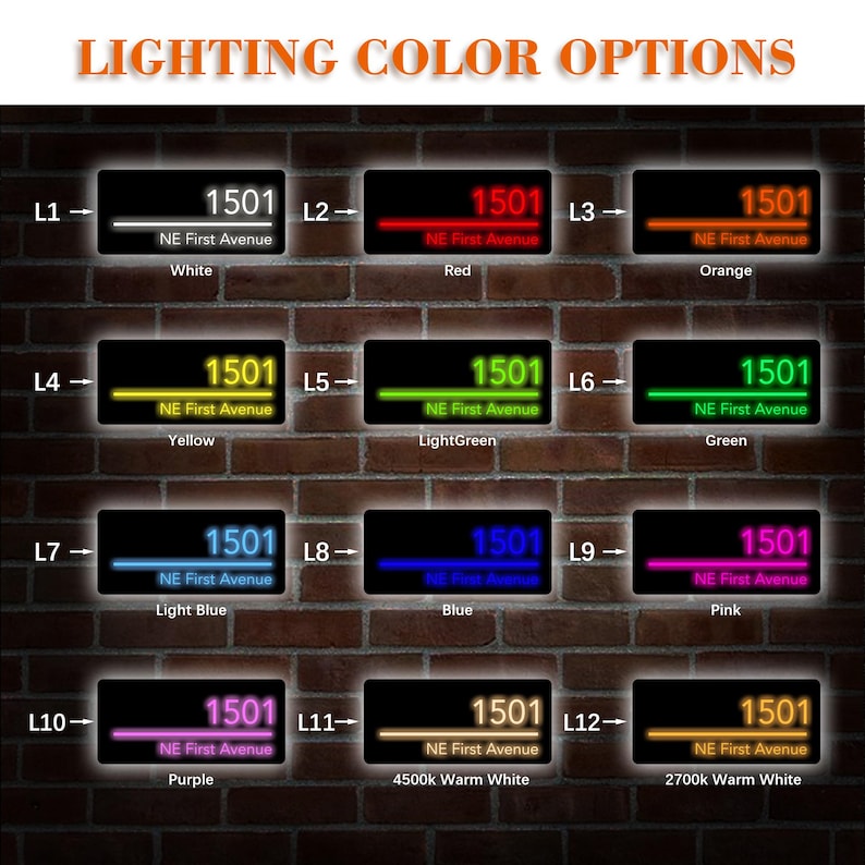 May include: A display of illuminated address signs with various color options: white, red, orange, yellow, light green, green, light blue, blue, pink, purple, and warm white. Each sign displays the number 1501 and "NE First Avenue". The text "LIGHTING COLOR OPTIONS" is at the top.