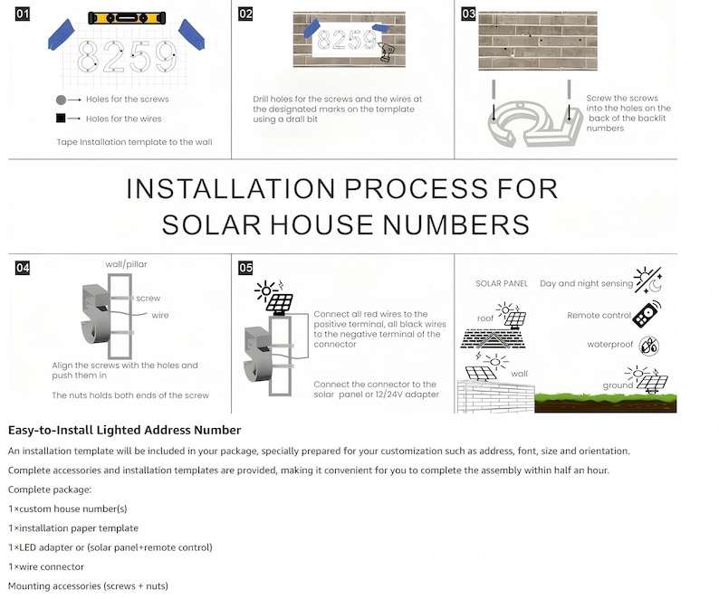 May include: A diagram showing the installation process for solar powered house numbers. The diagram shows how to install the numbers on a wall, connect the wires, and install the solar panel. The diagram also includes a list of the components included in the package.