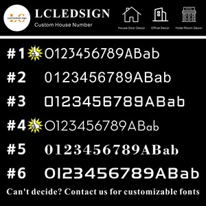 May include: Black background with white text and icons. The text reads "LCLEDSIGN Custom House Number." Examples of house numbers are shown, along with the text "Can't decide? Contact us for customizable fonts."