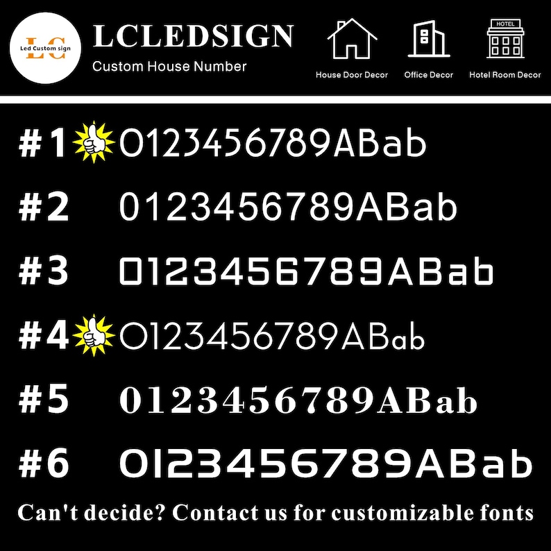 May include: Black background with white text and icons. The text reads "LCLEDSIGN Custom House Number." Examples of house numbers are shown, along with the text "Can't decide? Contact us for customizable fonts."