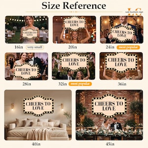 May include: A rectangular marquee-style sign with rounded edges and a light wood-grain finish, featuring the text CHEERS TO LOVE in black capital letters. The sign is bordered by small round bulbs and is shown in sizes from 16in to 45in.