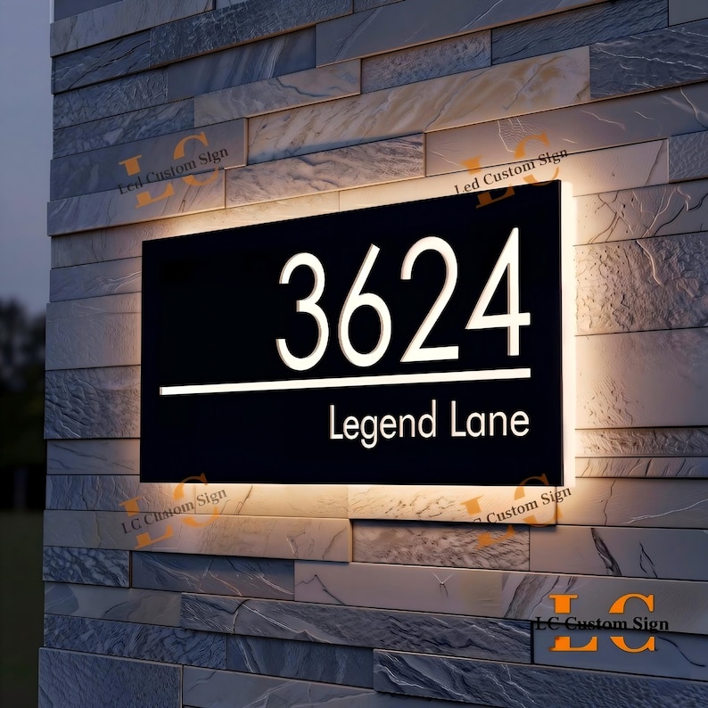 May include: A black illuminated address sign with the numbers "3624" and the text "Legend Lane" in white. The sign is mounted on a stone wall and has a bright, glowing border.