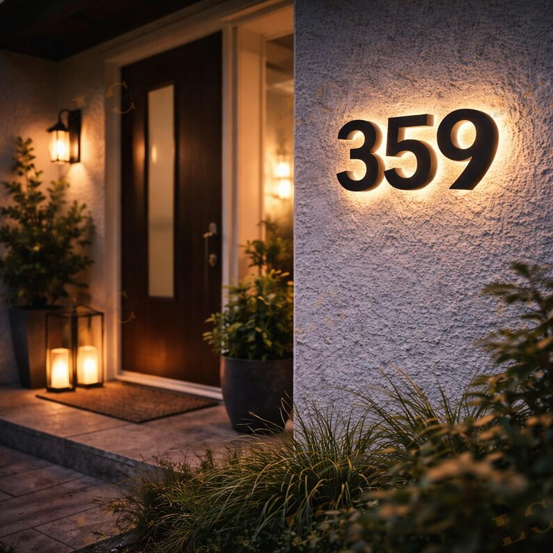 May include: Illuminated black house numbers, "359", mounted on a textured, light-colored wall. The numbers are backlit with a warm glow. The scene includes a front door, potted plants, and outdoor lighting.