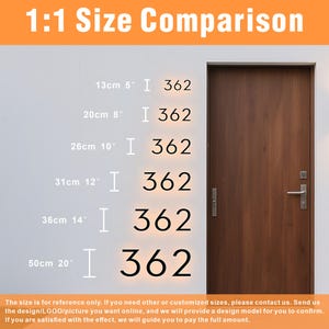 May include: A comparison chart showing sizes from 5 inches to 20 inches, with corresponding metric measurements. Each size is paired with the number "362". A wooden door is on the right side of the image. Text at the top reads "1:1 Size Comparison".