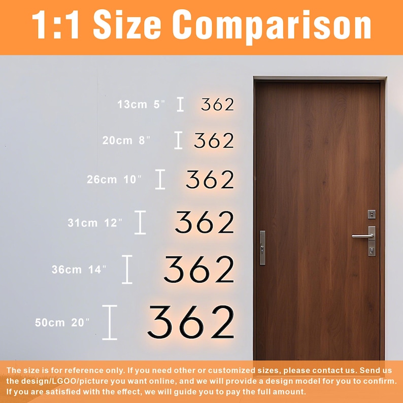 May include: A comparison chart showing sizes from 5 inches to 20 inches, with corresponding metric measurements. Each size is paired with the number "362". A wooden door is on the right side of the image. Text at the top reads "1:1 Size Comparison".