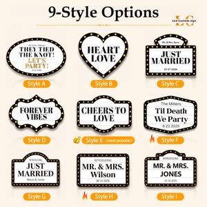 May include: Nine custom LED sign styles featuring black borders with gold light bulbs and white centers. Text includes phrases like THEY TIED THE KNOT, HEART LOVE, JUST MARRIED, FOREVER VIBES, CHEERS TO LOVE, TIL DEATH WE PARTY, and MR. & MRS. names.