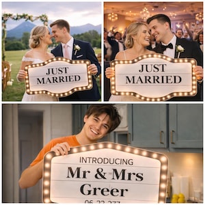 May include: A rectangular marquee-style sign with a white face and a border of small warm-toned light bulbs. The sign features black text that can be customized, with examples shown reading "JUST MARRIED" and "INTRODUCING Mr & Mrs Greer 06.22.27".