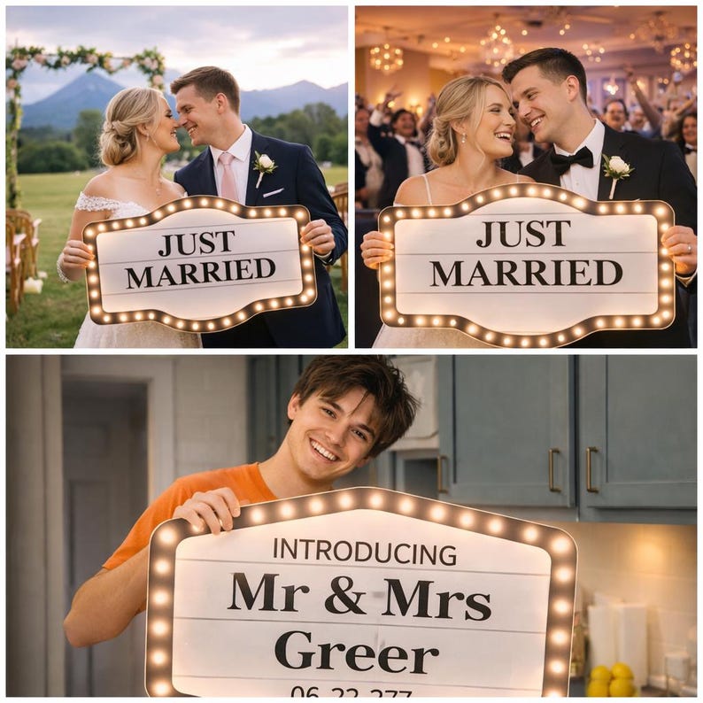 May include: A rectangular marquee-style sign with a white face and a border of small warm-toned light bulbs. The sign features black text that can be customized, with examples shown reading "JUST MARRIED" and "INTRODUCING Mr & Mrs Greer 06.22.27".