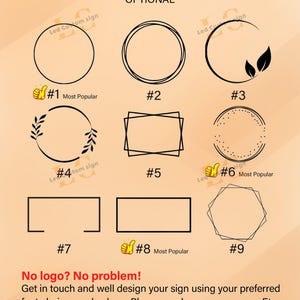 May include: Image showcasing nine wreath design options, each with a unique shape and style. The designs include circles, rectangles, and a polygon, some with decorative elements like leaves. Text at the bottom encourages customers to contact the seller for custom designs.
