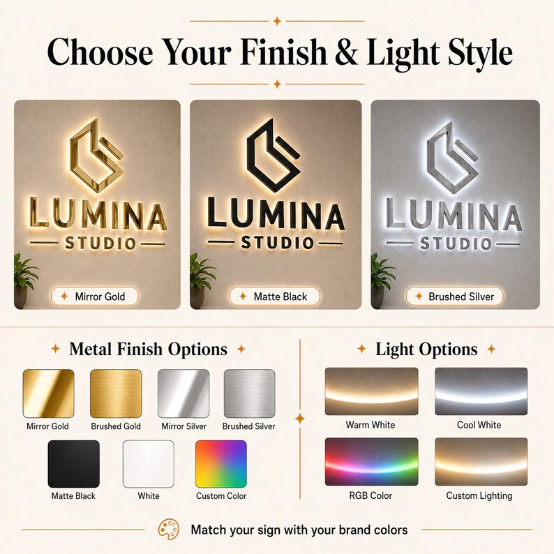 Może przedstawiać: Szyld z napisem LUMINA STUDIO i geometrycznym logo. Obraz przedstawia trzy przykłady wykończenia: lustrzane złoto, matowa czerń i szczotkowane srebro. Zawiera tabelę wykończeń metalowych oraz dostępne opcje oświetlenia dla znaku.