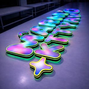 May include: Illuminated sign spelling out the word "WANT MORE". The letters are outlined in black with a yellow border and glow with a rainbow of colors. A star-shaped design is also included.