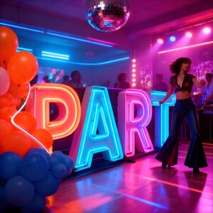 K&ouml;nnte beinhalten: Eine lebhafte Partyszene mit Discokugel, Neonlichtern und dem Wort "PARTY" in gro&szlig;en Leuchtbuchstaben. Orange und blaue Luftballons sind im Vordergrund. Eine Person tanzt in der Mitte und tr&auml;gt eine Schlaghose.