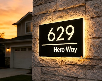 Custom Solar Address Plaque - Modern Weatherproof Plaque - Personalized Illuminated House Number for Home, Yard, Street, Garage, Shop