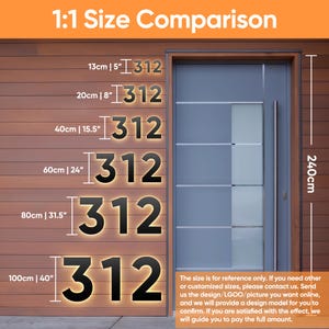 May include: A size comparison chart for illuminated house numbers. The chart shows the numbers 312 in five different sizes, ranging from 5 inches to 40 inches tall. The numbers are black with a white outline and are illuminated from behind. The chart is mounted on a wooden wall next to a door.