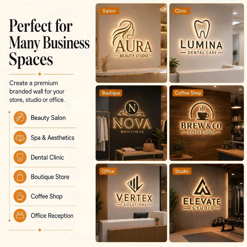 May include: A collection of six illuminated wall signs featuring various business logos including Aura Beauty Studio, Lumina Dental Care, Nova Boutique, Brew & Co. Coffee House, Vertex Solutions, and Elevate Studio, displayed in diverse commercial settings.