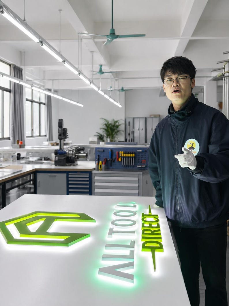 May include: A lit sign with the text "ALL TOOL DIRECT" in white and green. The sign is on a white surface in a workshop setting. A person in a blue jacket and glasses is pointing at the sign.