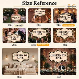Puede incluir: Un letrero LED personalizado rectangular con el texto CHEERS TO LOVE en letras may&uacute;sculas negras. El letrero tiene un borde festoneado decorativo iluminado por peque&ntilde;as bombillas redondas. Esta tabla de tama&ntilde;os muestra dimensiones de 16 a 45 pulgadas.