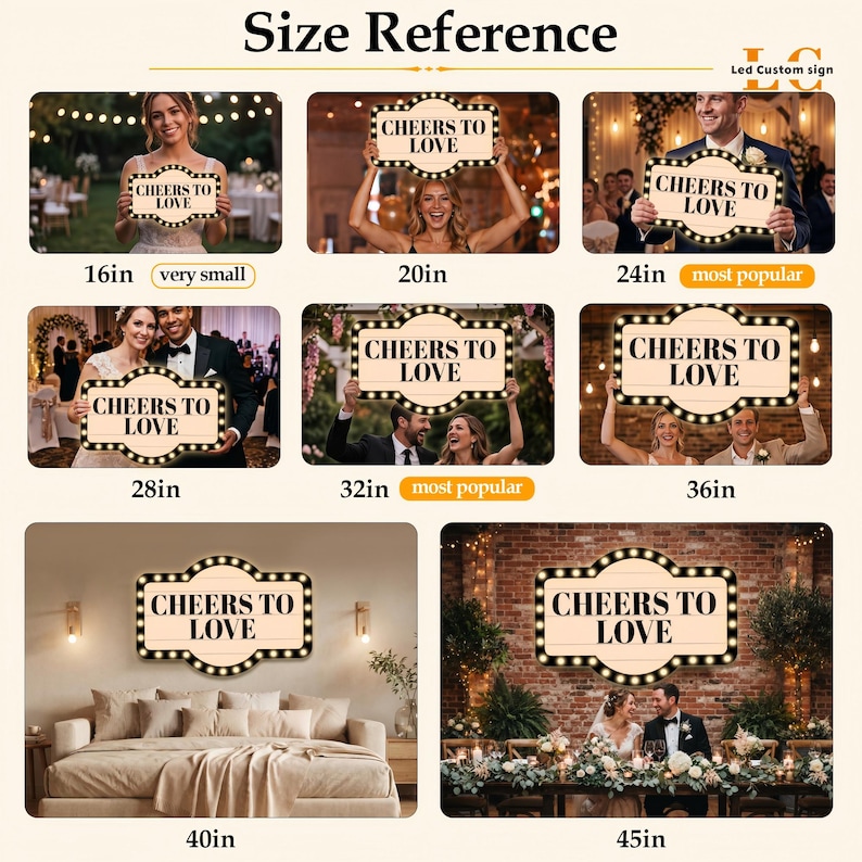 Puede incluir: Un letrero LED personalizado rectangular con el texto CHEERS TO LOVE en letras may&uacute;sculas negras. El letrero tiene un borde festoneado decorativo iluminado por peque&ntilde;as bombillas redondas. Esta tabla de tama&ntilde;os muestra dimensiones de 16 a 45 pulgadas.