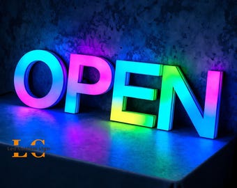 Placa personalizada "ABERTO" para comércio, placa de LED com mudança de cor, logotipo RGB personalizado para sua empresa, decoração de parede para loja, certificação CE e UL.
