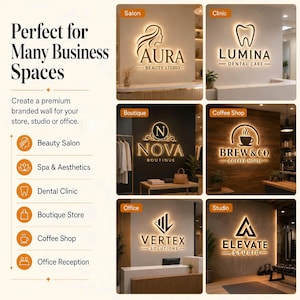 Może przedstawiać: Kolekcja sześciu podświetlanych znak&oacute;w ściennych z r&oacute;żnymi logotypami firm, w tym Aura Beauty Studio, Lumina Dental Care, Nova Boutique, Brew & Co. Coffee House, Vertex Solutions oraz Elevate Studio, prezentowanych w r&oacute;żnych przestrzeniach komercyjnych.
