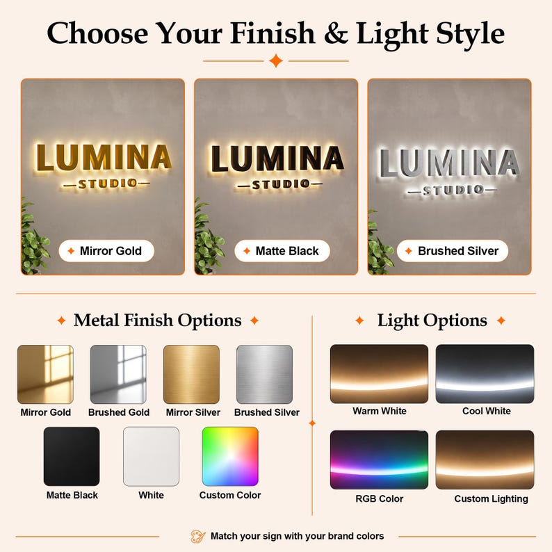 May include: A signage display showing the text LUMINA STUDIO in three finishes: mirror gold, matte black, and brushed silver. The graphic includes metal finish options of mirror gold, brushed gold, mirror silver, brushed silver, matte black, white, and custom color, plus light options of warm white, cool white, RGB color, and custom lighting.