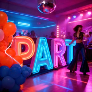 May include: A vibrant party scene with a disco ball, neon lights, and the word "PARTY" in large illuminated letters. Orange and blue balloons are in the foreground. A person dances in the center, wearing flared pants.