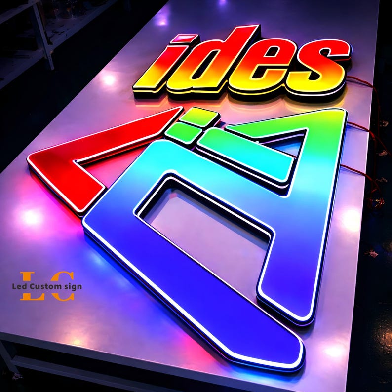 May include: A custom LED sign with the word "ides" in a gradient of yellow to red, and a stylized "IA" logo in red, green, and blue. The sign has a white border and the text "Led Custom sign".