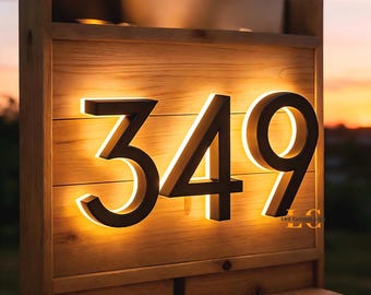Backlit LED House Numbers for Outside, Stainless Steel Floating Home Address Number, Waterproof Exterior LED Illuminated Home Address Number