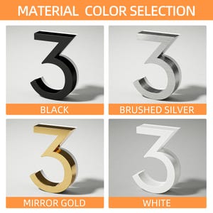 May include: A selection of the number 3 in four different finishes: black, brushed silver, mirror gold, and white. The text "MATERIAL COLOR SELECTION" is at the top of the image. Each number is displayed against a neutral background.