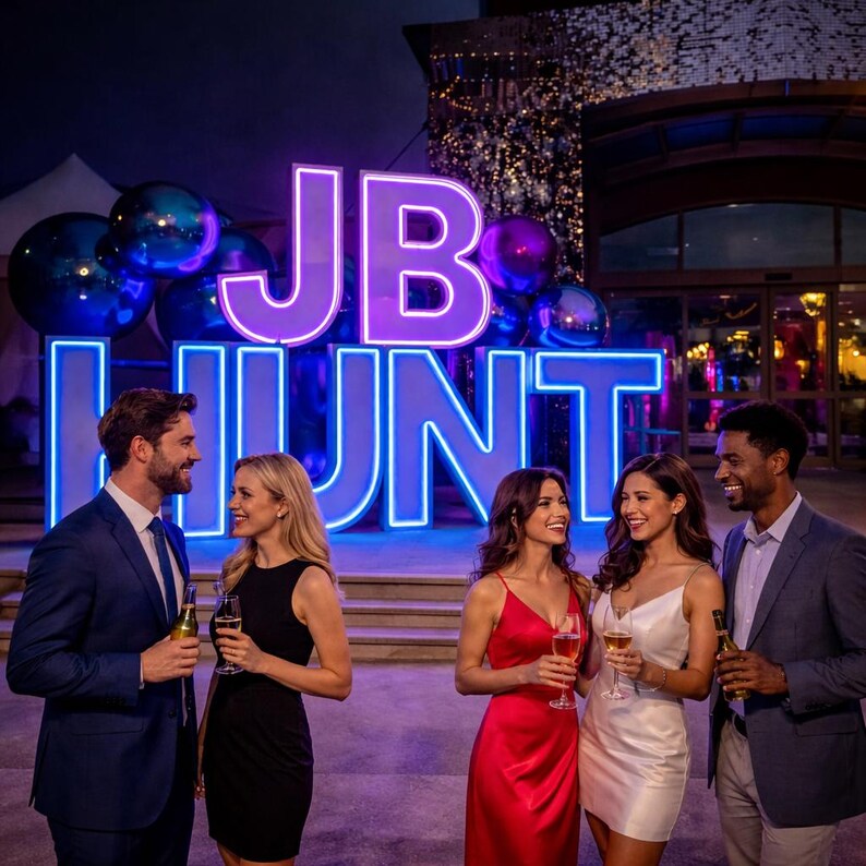 May include: A group of people are gathered in front of a large neon sign that reads "JB HUNT". The sign is illuminated with blue and purple lights. The people are dressed in formal attire and holding drinks.