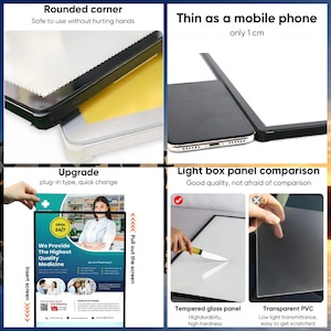 May include: A light box with rounded corners, shown with a mobile phone for size comparison. The light box is 1 cm thick. The image also shows a comparison of tempered glass and transparent PVC panels.