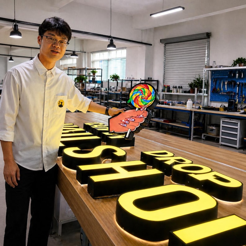 May include: A person holding a colorful lollipop-shaped sign with a hand illustration, positioned next to large, illuminated yellow block letters on a wooden table that spell out the words DROP SHOP in a workshop environment.