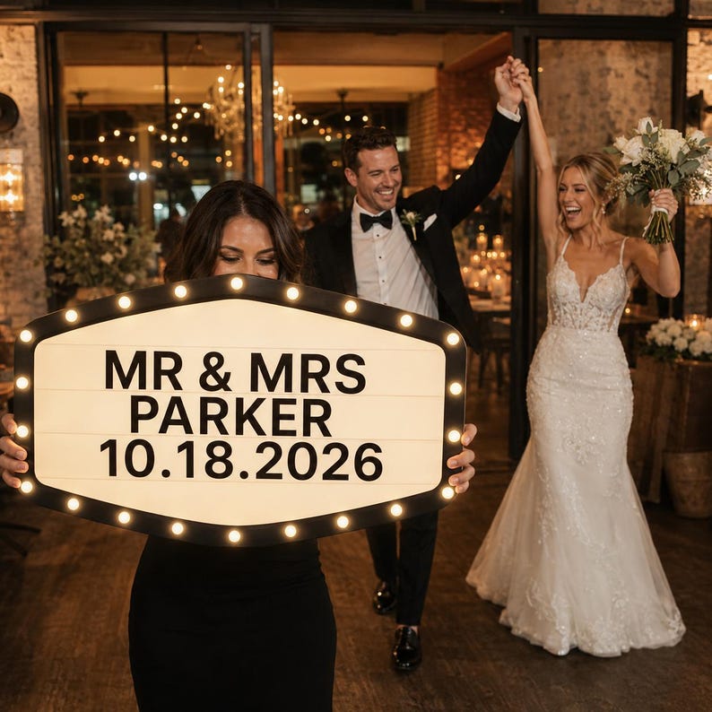 May include: A black and white marquee sign with a pointed oval shape, illuminated by small round bulbs along the perimeter. The sign displays the black text MR & MRS PARKER and the date 10.18.2026 in a clean, bold, sans-serif font style.