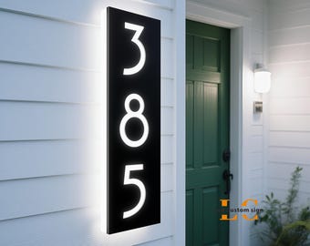 Personalized LED House Numbers - Solar Powered Address Plaque - LED Modern Metal Sign - Custom Weatherproof Outdoor Illuminated Plaque