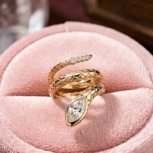 Marquise Moissanite Serpent Ring, Sterling Silver Statement Ring, Adjustable Reptile Jewelry